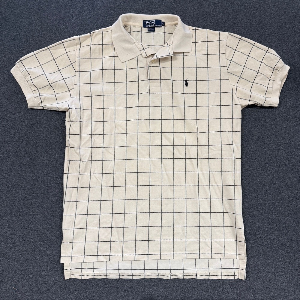Vintage Polo Ralph Lauren Polo Shirt Mens Large Cream Good Windowpane Check USA